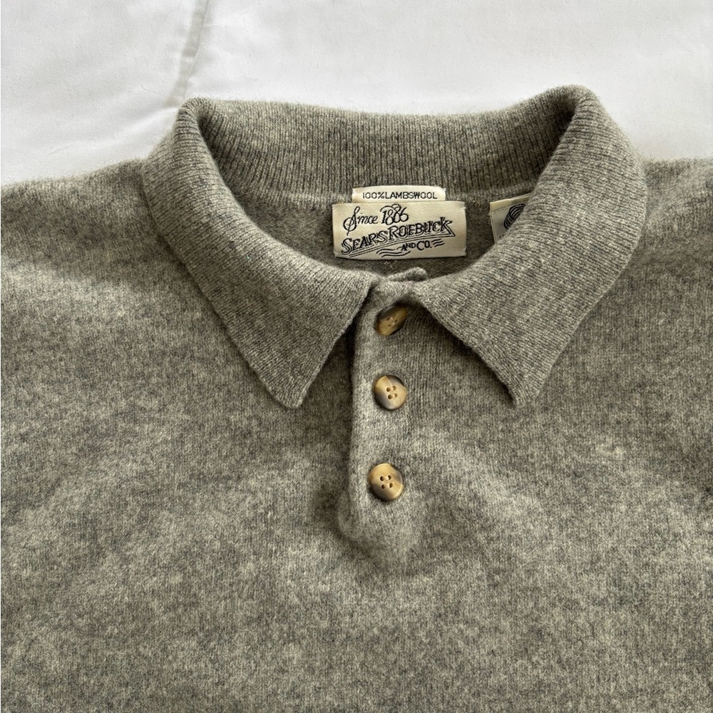 70s True Vintage 100% Lambswool Sears Roebuck and Co Light Gray Collared Sweater - Picture 11 of 12